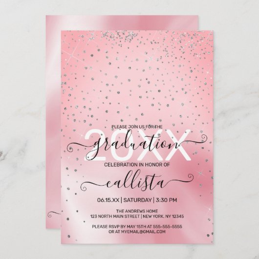 Princess Pink Silver Glitter Confetti Afstuderen Kaart (Voorkant / Achterkant)