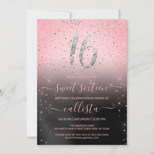 Princess Pink Silver Glitter Confetti Sweet 16 Kaart (Voorkant)