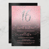 Princess Pink Silver Glitter Confetti Sweet 16 Kaart (Voorkant / Achterkant)