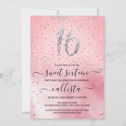Princess Pink Silver Glitter Confetti Sweet 16 Kaart (Voorkant)