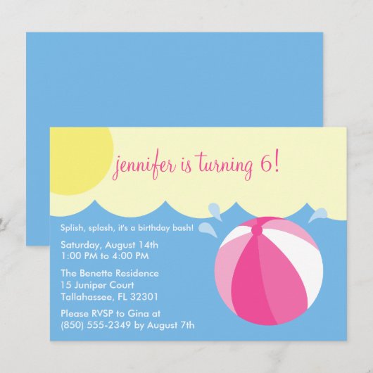 Princess Pink Splish Splash Birthday Pool Party Kaart (Voorkant / Achterkant)