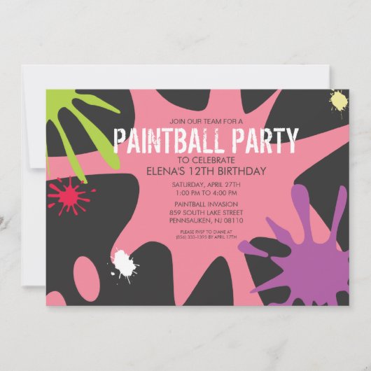 Princess Pink Split Splat Custom Paintball Party Kaart (Voorkant)