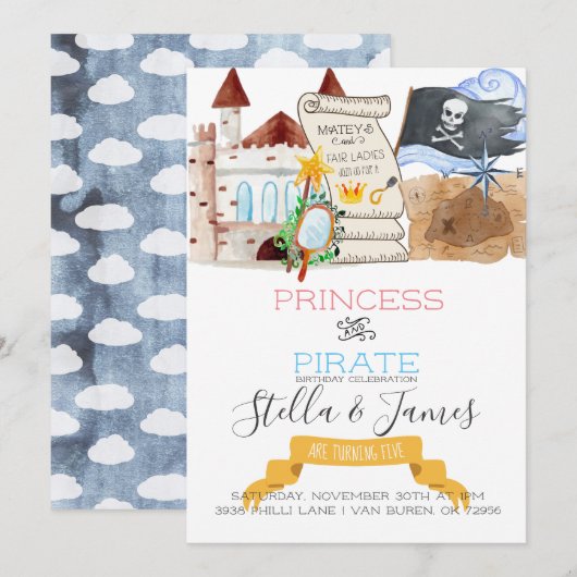 Princess & Pirate Joint Birthday Party Kaart (Voorkant / Achterkant)