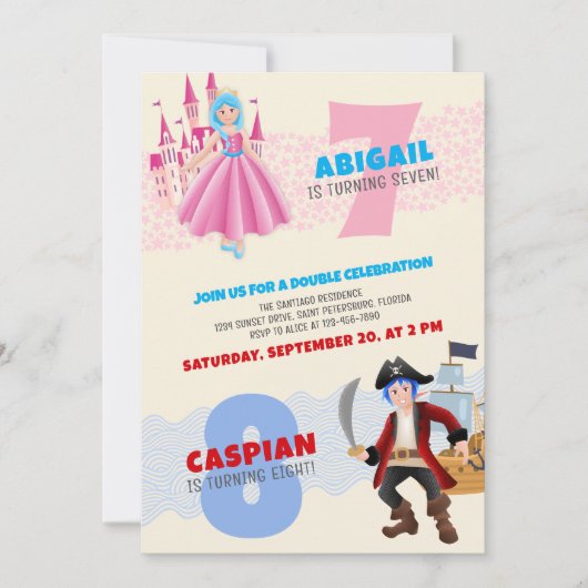 Princess Pirate Joint Dubbele Verjaardag Uitnodigi Kaart (Voorkant)