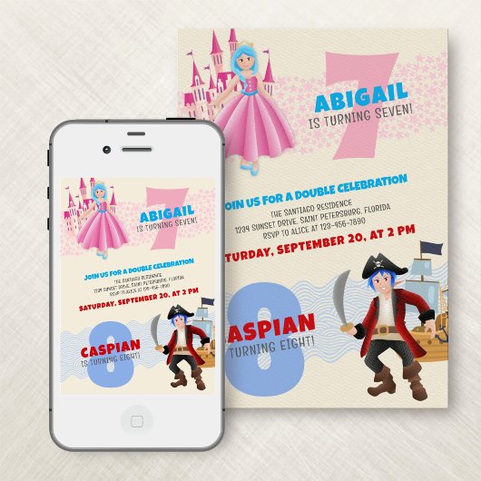 Princess Pirate Joint Dubbele Verjaardag Uitnodigi Kaart