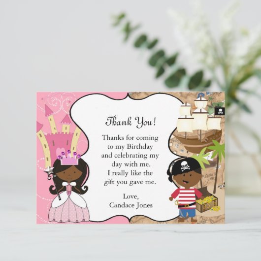 Princess & Pirate Party Donkere Huid Dank u Kaart (Staand voorkant)