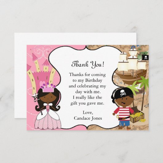 Princess & Pirate Party Donkere Huid Dank u Kaart (Voorkant / Achterkant)