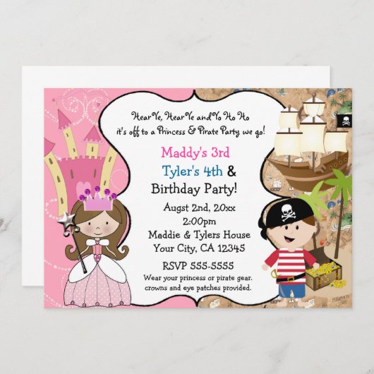 Princess & Pirate Party Uitnodigingen Bruin Haar (Voorkant / Achterkant)