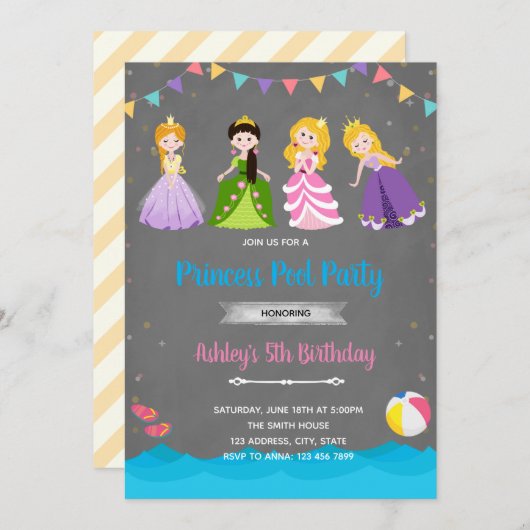 Princess poolverjaardagsuitnodiging bedankkaart (Voorkant / Achterkant)