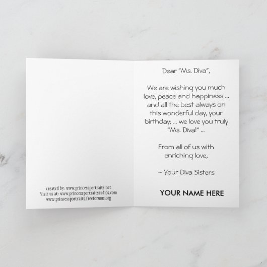 Princess Portraits "Ms. Diva" Happy Birthday Kaart (Binnen)