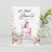 Princess Pram Rozen Waterverf Baby Meisje Douche Kaart (Staand voorkant)