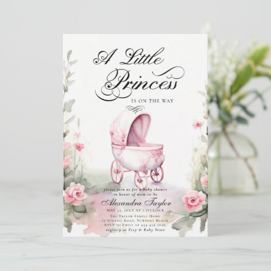 Princess Pram Rozen Waterverf Baby Meisje Douche Kaart (Staand voorkant)