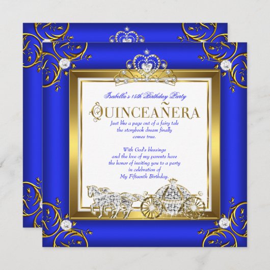 Princess Quinceanera 15e verjaardag Royal Blue Gol Kaart (Voorkant / Achterkant)