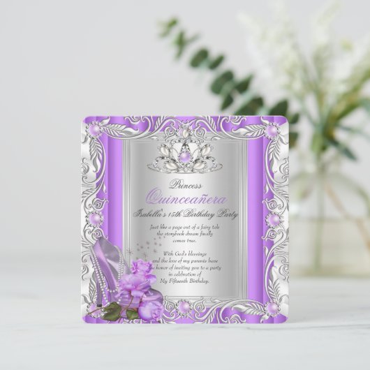 Princess Quinceanera 15th Birthday Paars Roos Kaart (Staand voorkant)