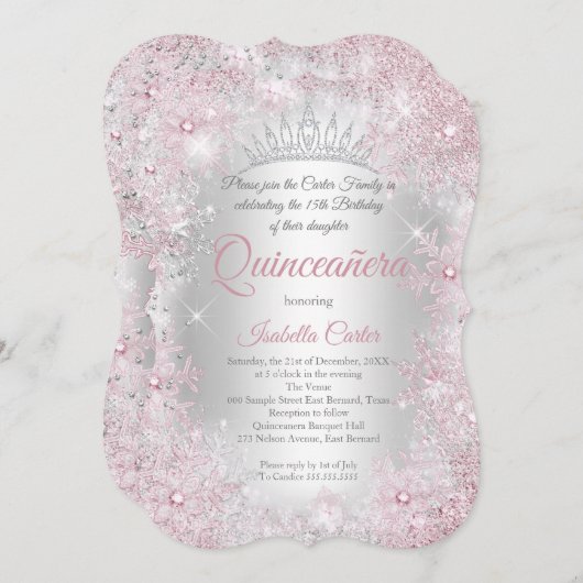 Princess Quinceanera 15th Blush Pink Silver Party Kaart (Voorkant / Achterkant)