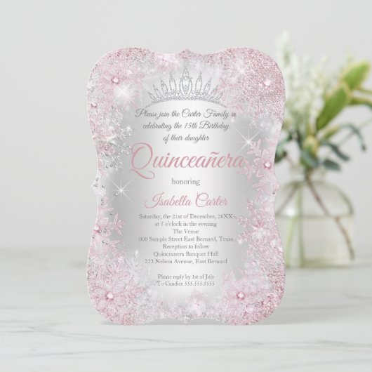 Princess Quinceanera 15th Blush Pink Silver Party Kaart (Staand voorkant)