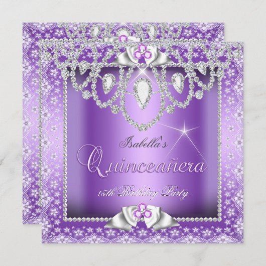 Princess Quinceanera 15th Paars Lace Diamond Kaart (Voorkant / Achterkant)