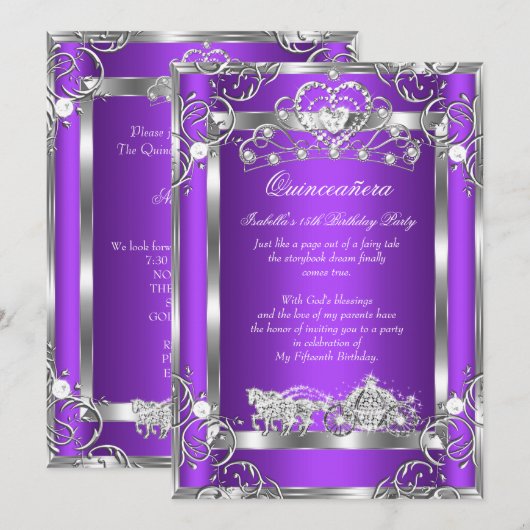 Princess Quinceanera 15th Party Paars Silver Kaart (Voorkant / Achterkant)