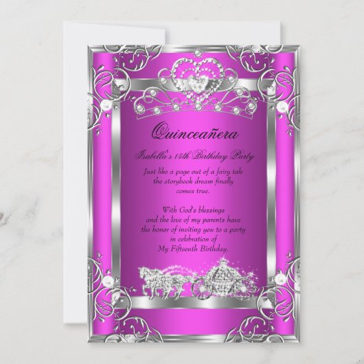 Princess Quinceanera 15th Party Pink Silver Kaart (Voorkant)