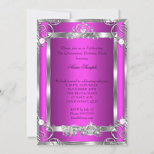 Princess Quinceanera 15th Party Pink Silver Kaart (Achterkant)