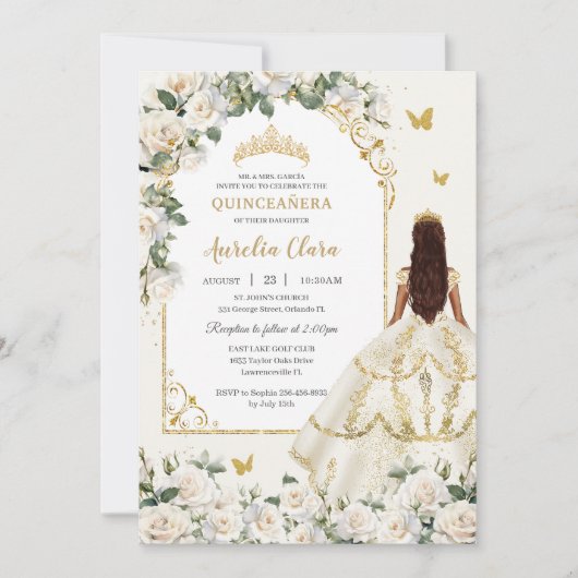 Princess Quinceañera Champagne Ivoor Rozen Jurk Kaart (Voorkant)