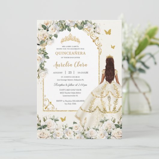 Princess Quinceañera Champagne Ivoor Rozen Jurk Kaart (Staand voorkant)