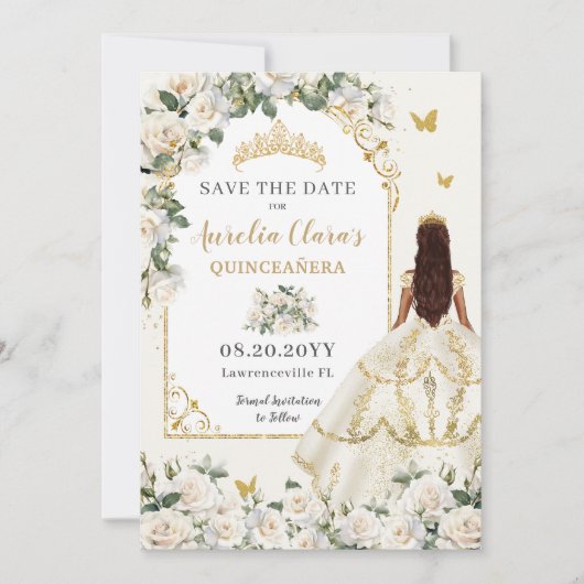 Princess Quinceañera Champagne Ivoor Rozen Jurk Save The Date (Voorkant)