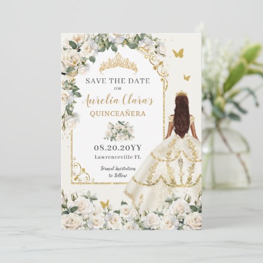 Princess Quinceañera Champagne Ivoor Rozen Jurk Save The Date (Staand voorkant)