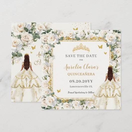 Princess Quinceañera Champagne Ivoor Rozen Jurk Save The Date (Voorkant / Achterkant)