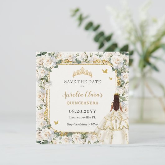 Princess Quinceañera Champagne Ivoor Rozen Jurk Save The Date (Staand voorkant)
