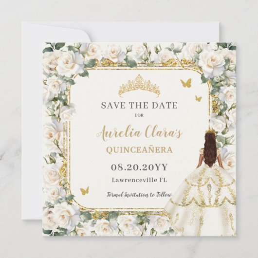 Princess Quinceañera Champagne Ivoor Rozen Jurk Save The Date (Voorkant)