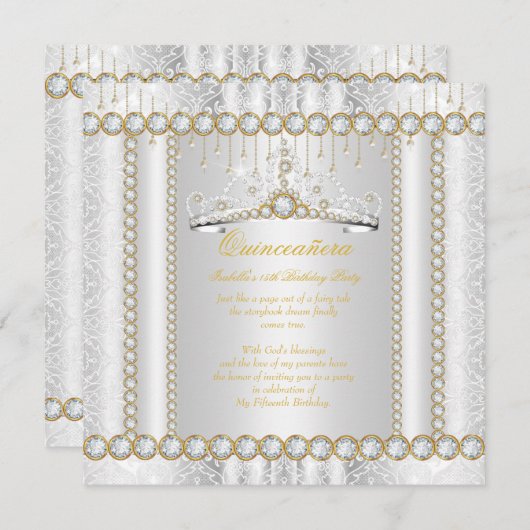 Princess Quinceanera Diamond Gold White Kaart (Voorkant / Achterkant)