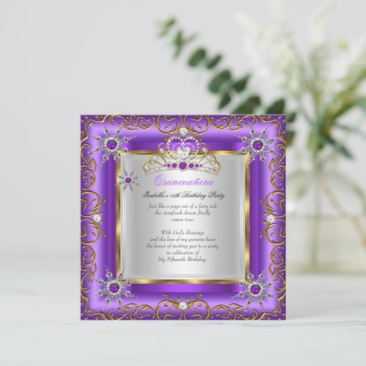 Princess Quinceanera Elite Gold Silver Paars Kaart (Staand voorkant)