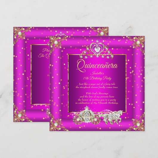Princess Quinceanera Elite Magenta Gold Sparkle Kaart (Voorkant / Achterkant)