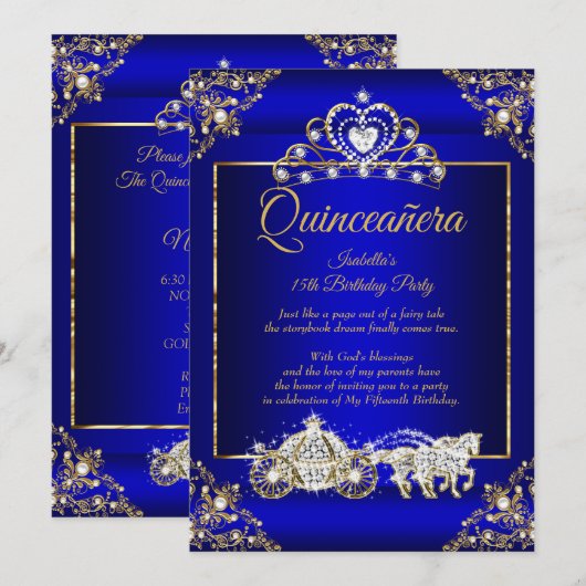 Princess Quinceanera Elite Royal Blue Gold Kaart (Voorkant / Achterkant)