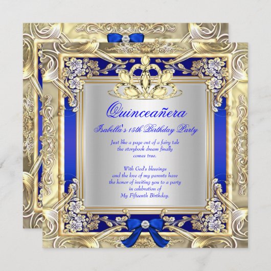 Princess Quinceanera Gold Royal Blue Silver 2 Kaart (Voorkant / Achterkant)