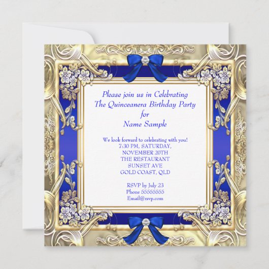 Princess Quinceanera Gold Royal Blue Silver White Kaart (Achterkant)