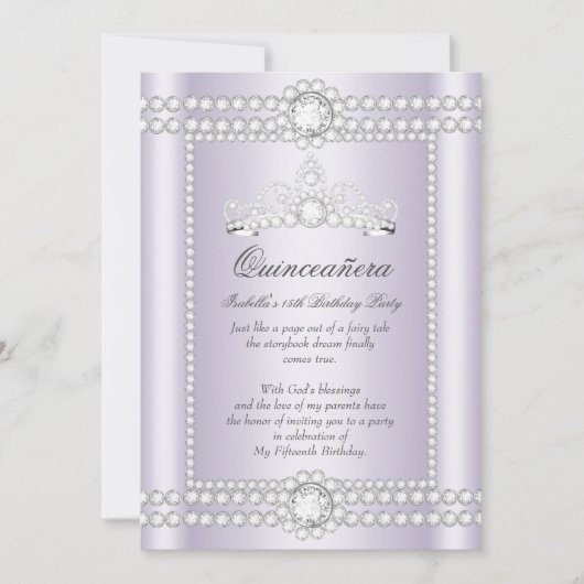Princess Quinceanera Lila Silver Diamond Tiara Kaart (Voorkant)