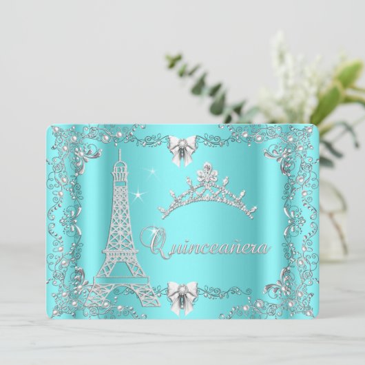 Princess Quinceanera Magical Blauwgroen Blue Silve Kaart (Staand voorkant)