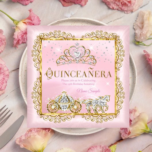 Princess Quinceañera magical Blush Pink Gold Kaart