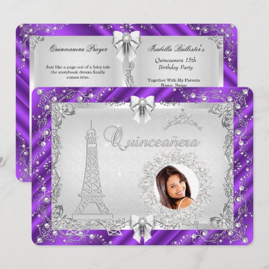 Princess Quinceanera Magical Paars Silver Photo Kaart (Voorkant / Achterkant)