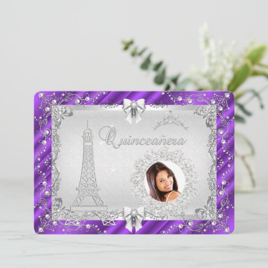 Princess Quinceanera Magical Paars Silver Photo Kaart (Staand voorkant)