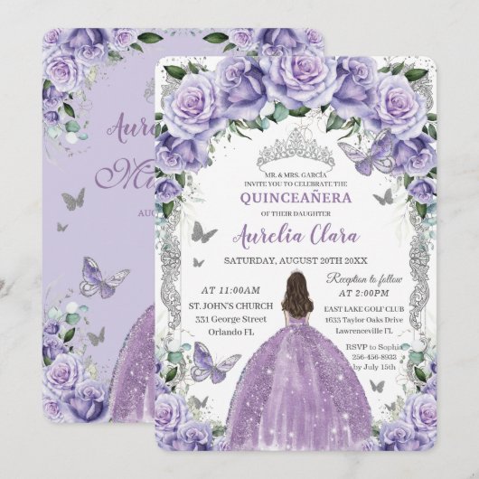 Princess Quinceañera Paarse Rozen Bloemenzilver Kaart (Voorkant / Achterkant)