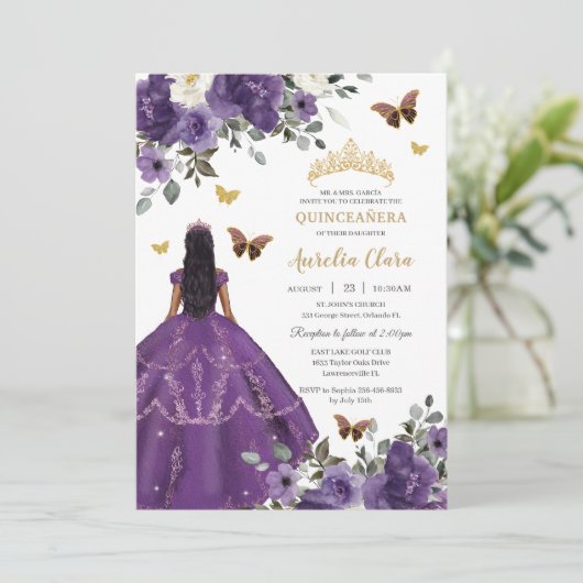 Princess Quinceañera Paarse Rozen Jurk Goud Kaart (Staand voorkant)