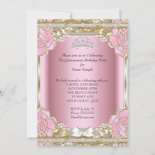 Princess Quinceanera Pink Gold 15th Birthday Tiara Kaart (Achterkant)