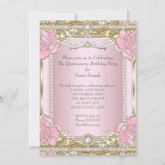 Princess Quinceanera Pink Gold Diamond Tiara Kaart (Achterkant)