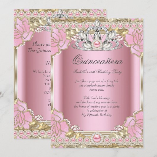 Princess Quinceanera Pink Pearl Birthday Party Kaart (Voorkant / Achterkant)