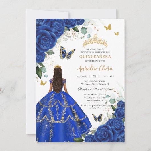 Princess Quinceañera Royal Blue Rozen Jurk Gold Kaart (Voorkant)