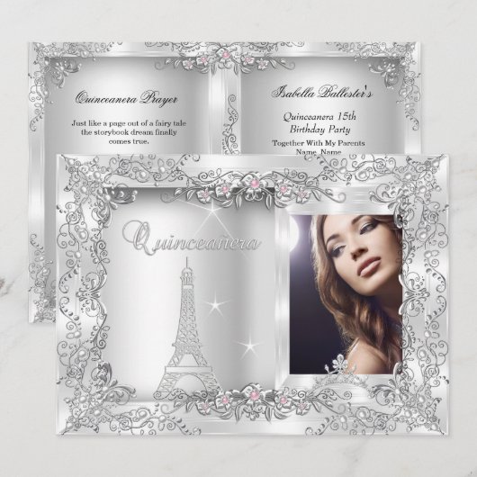 Princess Quinceanera Silver Photo Party Kaart (Voorkant / Achterkant)