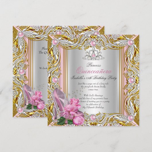 Princess Quinceanera Silver Pink Rose Gold Kaart (Voorkant / Achterkant)